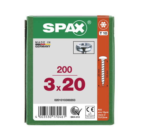 SPAX Halbrundkopf T-STAR plus 4CUT Vollgewinde Galvanisch blank verzinkt A2J  3x20  -  200 Stk