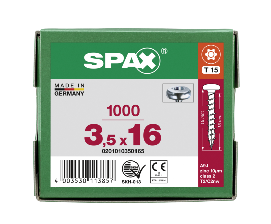 SPAX Halbrundkopf T-STAR plus 4CUT Vollgewinde Galvanisch blank verzinkt A2J  3,5x16  -  1000 Stk