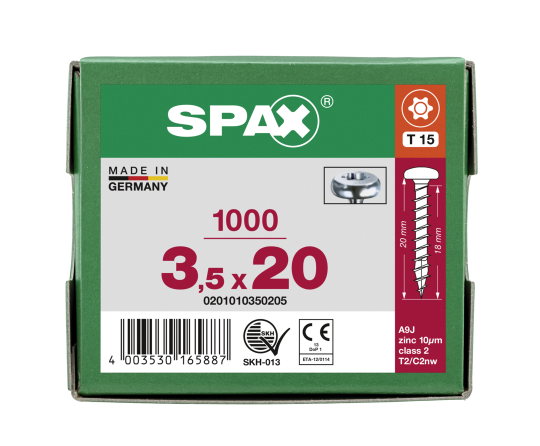 SPAX Halbrundkopf T-STAR plus 4CUT Vollgewinde Galvanisch blank verzinkt A2J  3,5x20  -  1000 Stk