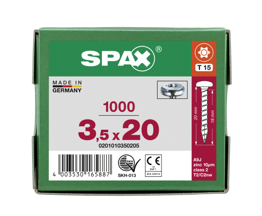 SPAX Halbrundkopf T-STAR plus 4CUT Vollgewinde Galvanisch blank verzinkt A2J  3,5x20  -  1000 Stk