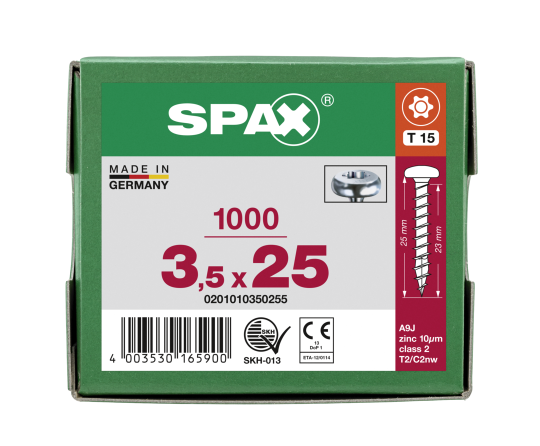 SPAX Halbrundkopf T-STAR plus 4CUT Vollgewinde Galvanisch blank verzinkt A2J  3,5x25  -  1000 Stk