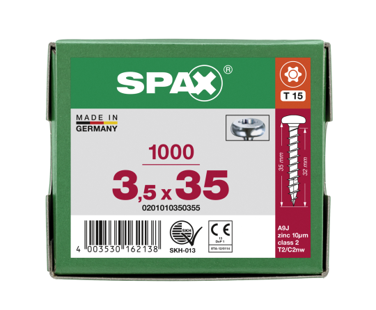 SPAX Halbrundkopf T-STAR plus 4CUT Vollgewinde Galvanisch blank verzinkt A2J  3,5x35  -  1000 Stk