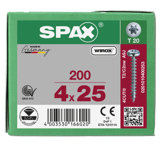 SPAX Halbrundkopf T-STAR plus 4CUT Vollgewinde WIROX A3J  4x25  -  200 Stk