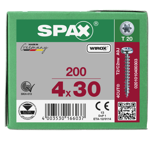 SPAX Halbrundkopf T-STAR plus 4CUT Vollgewinde WIROX A3J  4x30  -  200 Stk