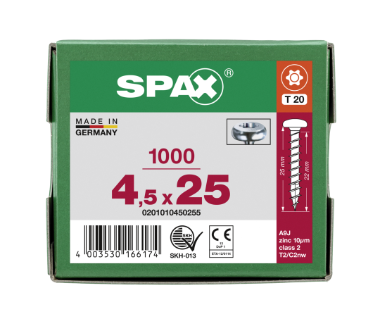 SPAX Halbrundkopf T-STAR plus 4CUT Vollgewinde Galvanisch blank verzinkt A2J  4,5x25  -  1000 Stk