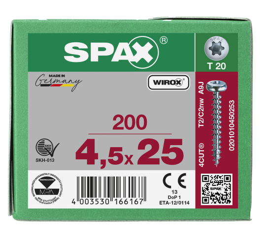 SPAX Halbrundkopf T-STAR plus 4CUT Vollgewinde WIROX A3J  4,5x25  -  200 Stk