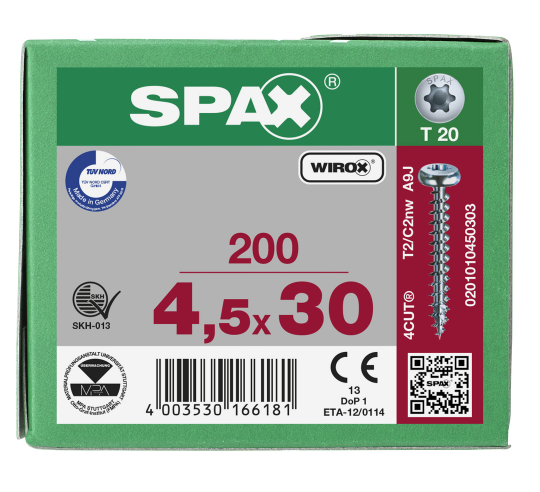 SPAX Halbrundkopf T-STAR plus 4CUT Vollgewinde WIROX A3J  4,5x30  -  200 Stk