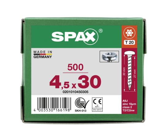 SPAX Halbrundkopf T-STAR plus 4CUT Vollgewinde Galvanisch blank verzinkt A2J  4,5x30  -  500 Stk