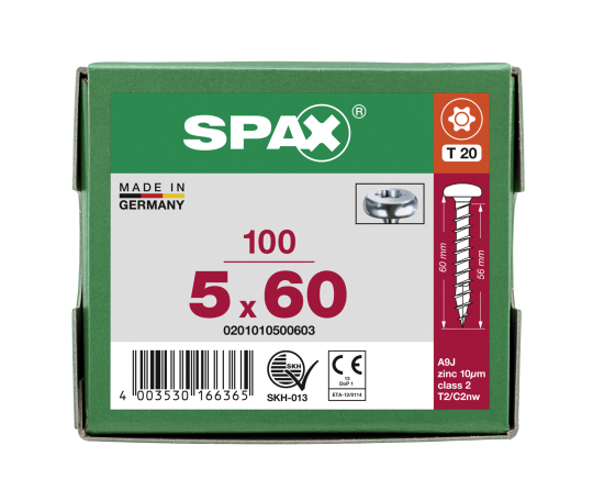 SPAX Halbrundkopf T-STAR plus 4CUT Vollgewinde Galvanisch blank verzinkt A2J  5x60  -  100 Stk