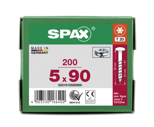 SPAX Halbrundkopf T-STAR plus 4CUT Teilgewinde Galvanisch blank verzinkt A2J  5x90  -  200 Stk