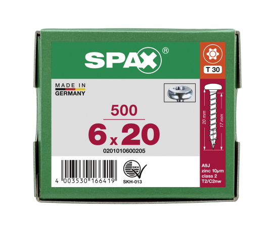 SPAX Halbrundkopf T-STAR plus 4CUT Vollgewinde Galvanisch blank verzinkt A2J  6x20  -  500 Stk