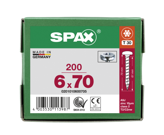 SPAX Halbrundkopf T-STAR plus 4CUT Vollgewinde Galvanisch blank verzinkt A2J  6x70  -  200 Stk