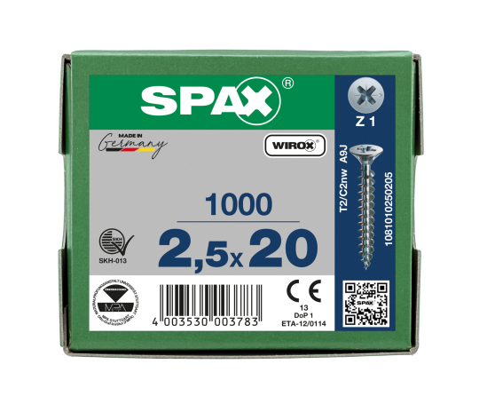 SPAX Senkkopf Kreuzschlitz Z - Vollgewinde WIROX A3J  PZ1  -  2,5x20  -  1000 Stk