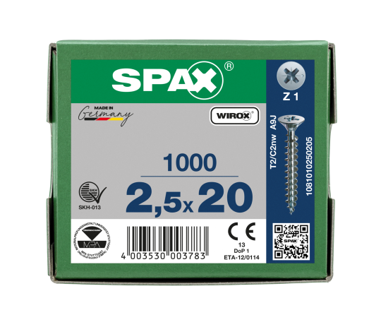 SPAX Senkkopf Kreuzschlitz Z - Vollgewinde WIROX A3J  PZ1  -  2,5x20  -  1000 Stk