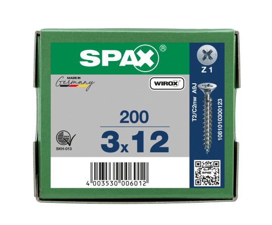 SPAX Senkkopf Kreuzschlitz Z - Vollgewinde WIROX A3J  PZ1  -  3x12  -  200 Stk