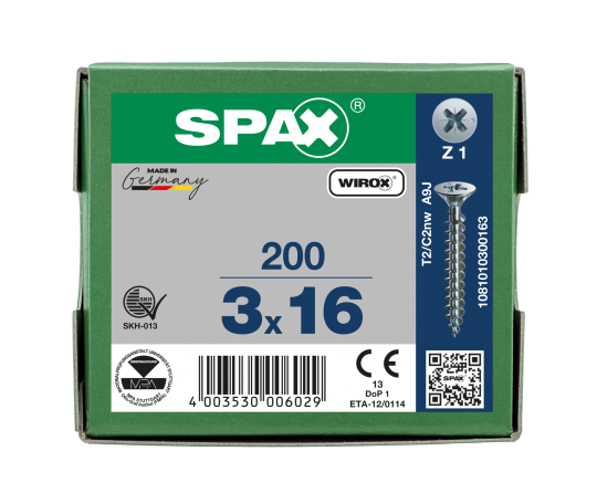 SPAX Senkkopf Kreuzschlitz Z - Vollgewinde WIROX A3J  PZ1  -  3x16  -  200 Stk