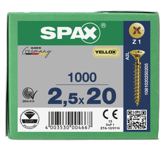 SPAX Senkkopf Kreuzschlitz Z - Vollgewinde YELLOX A2L  PZ1  -  2,5x20  -  1000 Stk