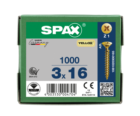 SPAX Senkkopf Kreuzschlitz Z - Vollgewinde YELLOX A2L  PZ1  -  3x16  -  1000 Stk