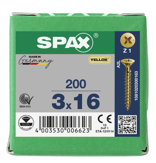 SPAX Senkkopf Kreuzschlitz Z - Vollgewinde YELLOX A2L  PZ1  -  3x16  -  200 Stk