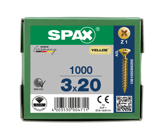 SPAX Senkkopf Kreuzschlitz Z - Vollgewinde YELLOX A2L  PZ1  -  3x20  -  1000 Stk