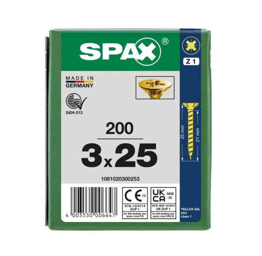 SPAX Senkkopf Kreuzschlitz Z - Vollgewinde YELLOX A2L  PZ1  -  3x25  -  200 Stk