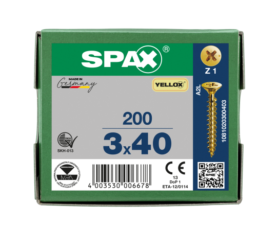 SPAX Senkkopf Kreuzschlitz Z - Vollgewinde YELLOX A2L  PZ1  -  3x40  -  200 Stk