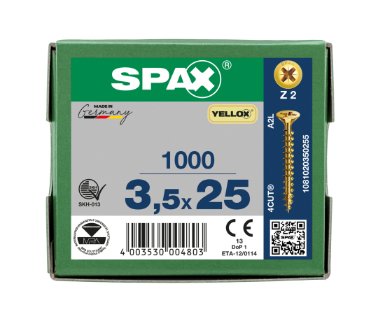 SPAX Senkkopf Kreuzschlitz Z - Vollgewinde YELLOX A2L  PZ2  -  3,5x25  -  1000 Stk