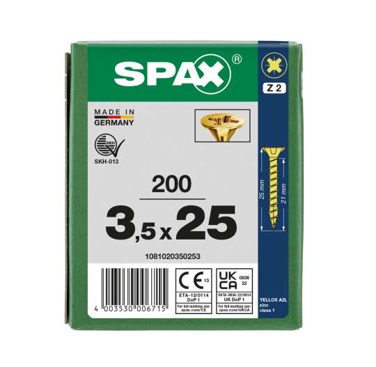 SPAX Senkkopf Kreuzschlitz Z - Vollgewinde YELLOX A2L  PZ2  -  3,5x25  -  200 Stk