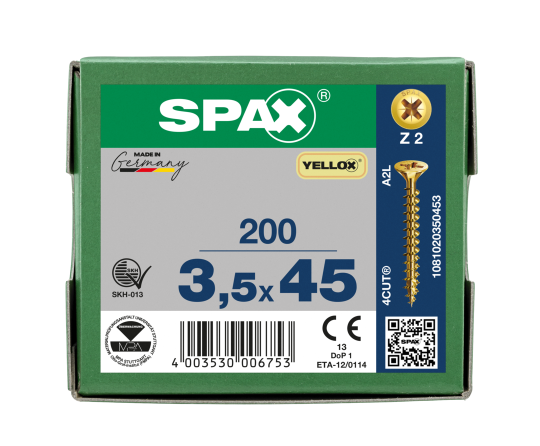 SPAX Senkkopf Kreuzschlitz Z - Vollgewinde YELLOX A2L  PZ2  -  3,5x45  -  200 Stk