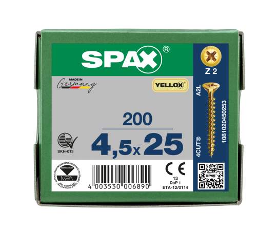 SPAX Senkkopf Kreuzschlitz Z - Vollgewinde YELLOX A2L  PZ2  -  4,5x25  -  200 Stk