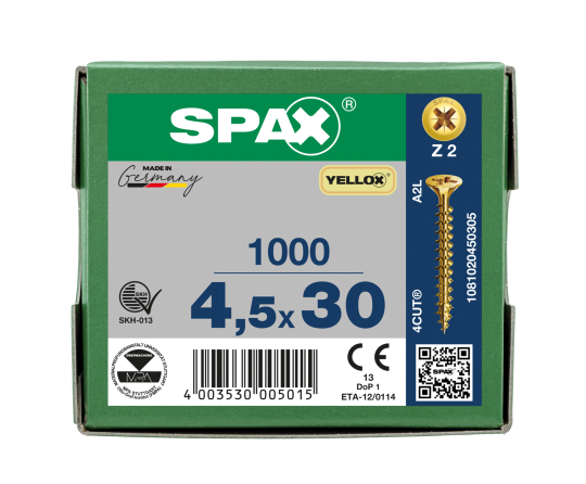 SPAX Senkkopf Kreuzschlitz Z - Vollgewinde YELLOX A2L  PZ2  -  4,5x30  -  1000 Stk