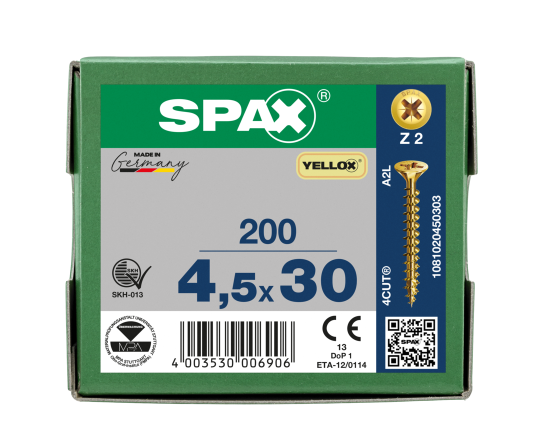 SPAX Senkkopf Kreuzschlitz Z - Vollgewinde YELLOX A2L  PZ2  -  4,5x30  -  200 Stk