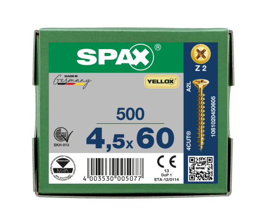 SPAX Senkkopf Kreuzschlitz Z - Vollgewinde YELLOX A2L  PZ2  -  4,5x60  -  500 Stk