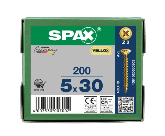 SPAX Senkkopf Kreuzschlitz Z - Vollgewinde YELLOX A2L  PZ2  -  5x30  -  200 Stk