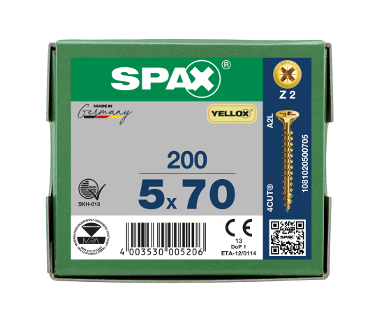 SPAX Senkkopf Kreuzschlitz Z - Vollgewinde YELLOX A2L  PZ2  -  5x70  -  200 Stk