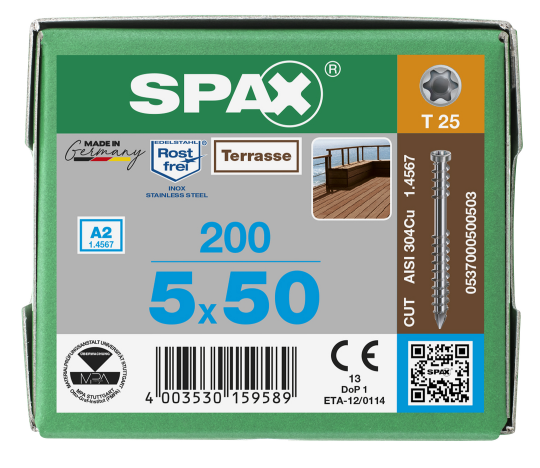 SPAX Terrassenschraube T-STAR plus CUT Fixiergewinde Edelstahl rostfrei  A2 1.4567  5x50 - 200 Stk