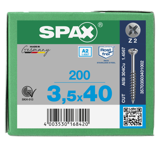 SPAX Senkkopf Kreuzschlitz Z CUT-Spitze Teilgewinde Edelstahl rostfrei A2 1.4567  PZ2  -  3,5x40  -  200 Stk