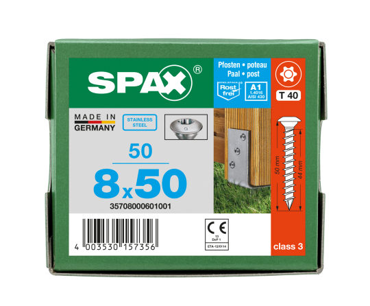 SPAX Pfostenschraube T-STAR plus CUT Vollgewinde Edelstahl rostfrei A1 1.4016  8x50 - 50 Stk
