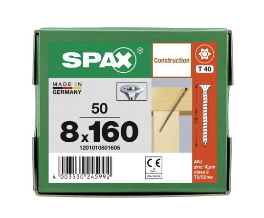 SPAX Senkkopf 8 mm T-STAR plus - Vollgewinde WIROX A3J  T40  -  8x160  -  50 Stk