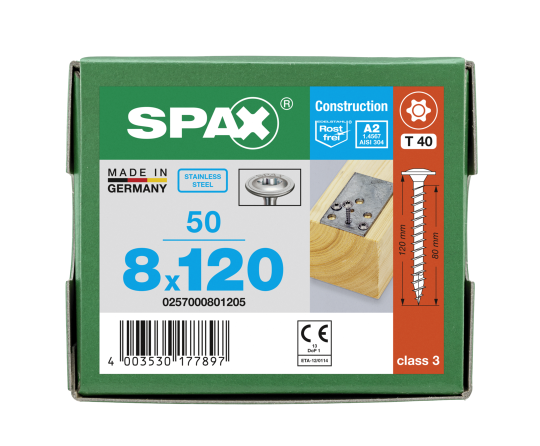 SPAX Tellerkopf 8 mm T-STAR plus 4CUT Vollgewinde Edelstahl rostfrei A2 1.4567  8x120 - 50 Stk