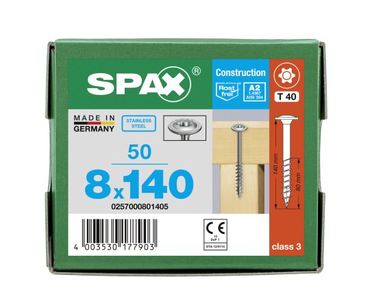 SPAX Tellerkopf 8 mm T-STAR plus 4CUT Teilgewinde Edelstahl A2 1.4567  8x140 - 50 Stk