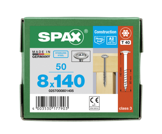 SPAX Tellerkopf 8 mm T-STAR plus 4CUT Teilgewinde Edelstahl rostfrei A2 1.4567  8x140 - 50 Stk