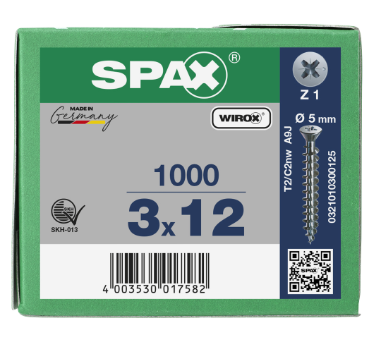 SPAX Senkkopf, Kreuzschlitz Z kleiner Kopf (Ø 5 mm), gehärtet, gleitbeschichtet, Vollgewinde WIROX A3J  PZ1  -  3x12  -  1000 Stk