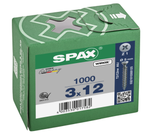 SPAX Senkkopf, Kreuzschlitz Z kleiner Kopf (Ø 5 mm), gehärtet, gleitbeschichtet, Vollgewinde WIROX A3J  PZ1  -  3x12  -  1000 Stk