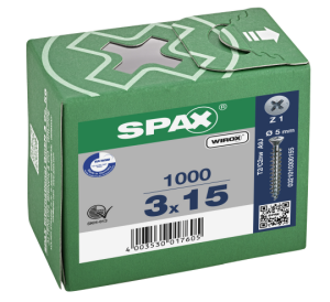 SPAX Senkkopf, Kreuzschlitz Z kleiner Kopf (Ø 5 mm), gehärtet, gleitbeschichtet, Vollgewinde WIROX A3J  PZ1  -  3x15  -  1000 Stk