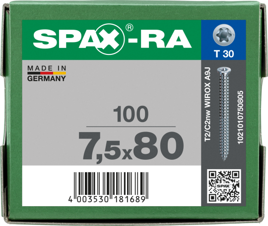 SPAX-RA Flachsenkkopf T-STAR plus Vollgewinde WIROX A3J  7,5x80 - 100 Stk