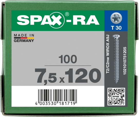 SPAX-RA Flachsenkkopf T-STAR plus Vollgewinde WIROX A3J  7,5x120 - 100 Stk