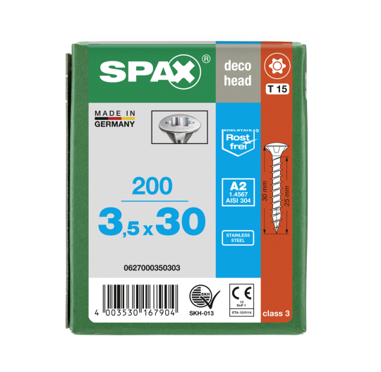 SPAX Linsensenkkopf T-STAR plus 4CUT Vollgewinde Edelstahl rostfrei A2 1.4567 -  3,5x30 - 200 Stk