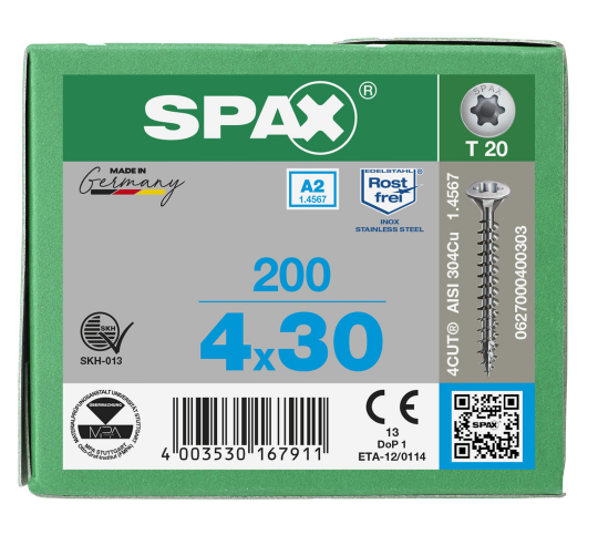 SPAX Linsensenkkopf T-STAR plus 4CUT Vollgewinde Edelstahl rostfrei A2 1.4567 -  4x30 - 200 Stk