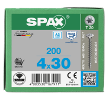 SPAX Linsensenkkopf T-STAR plus 4CUT Vollgewinde Edelstahl rostfrei A2 1.4567 -  4x30 - 200 Stk